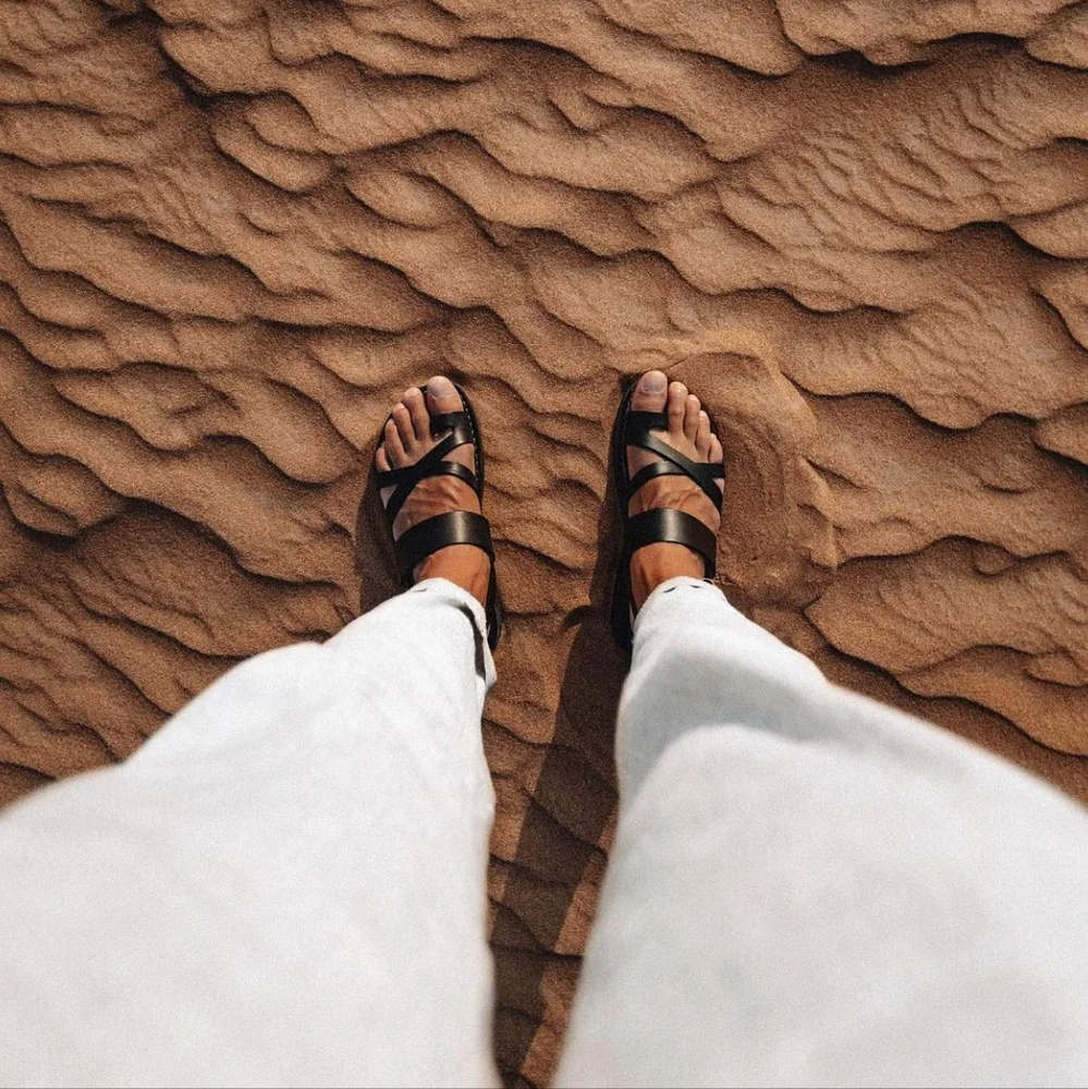 Jerusalem Amos Flat Sandals Ankle Strap Toe Loop‎ Adjustable Leather Black 13 46